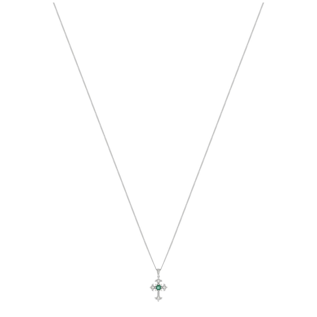 Collier or blanc 375 émeraude diamants 45 cm