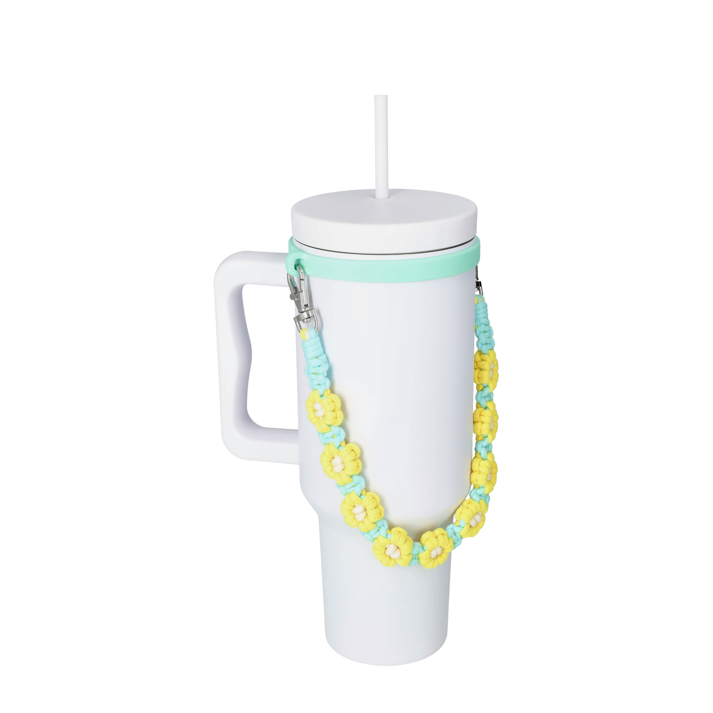 (Ø6x18cm) Stoff Flaschen Griff Blumen Halter Handschlaufe Accessoire für Stanley Cup Thermo Becher - Türkis / Gelb