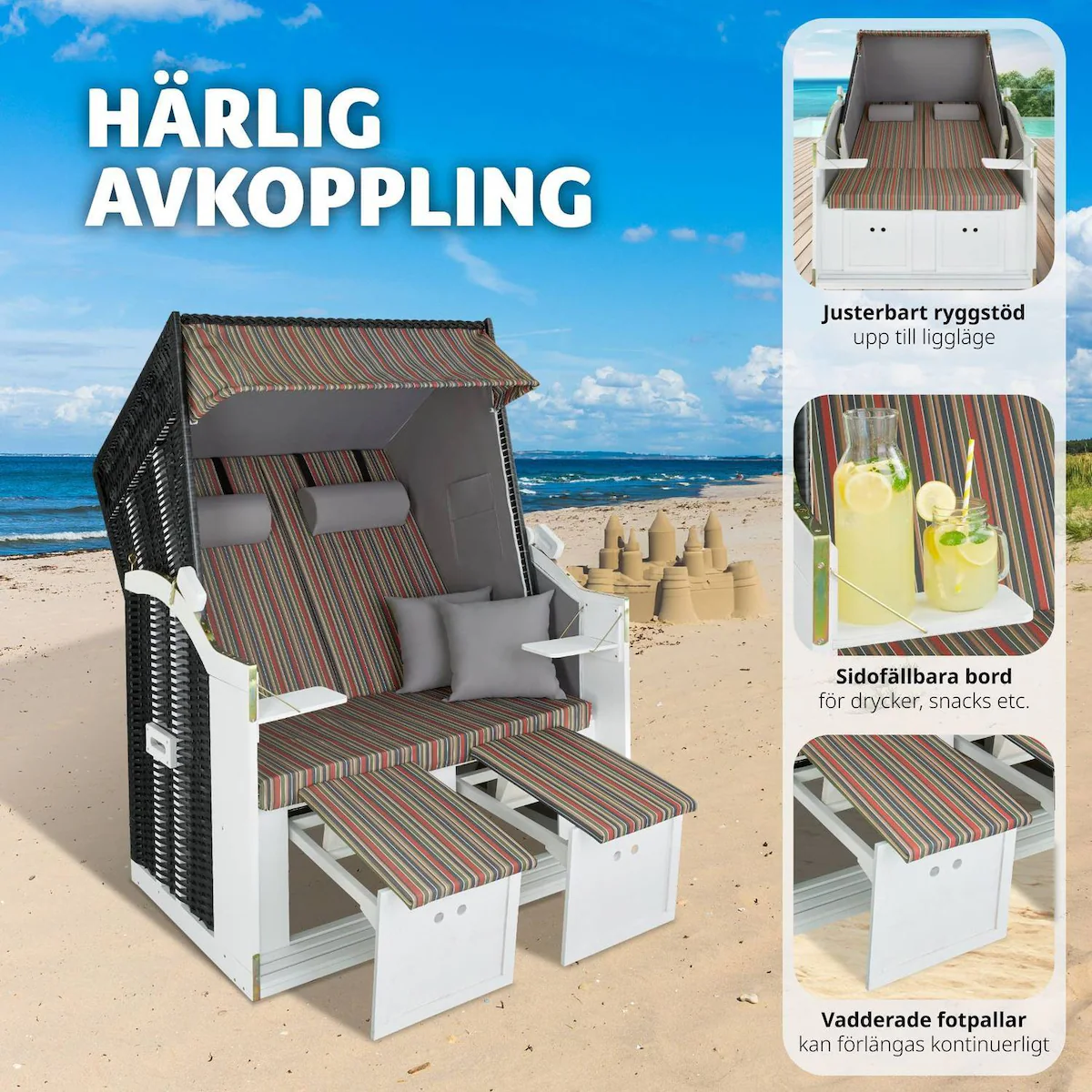 Strandstol for 2 personer inkl. regnbeskyttelse - flerfarget