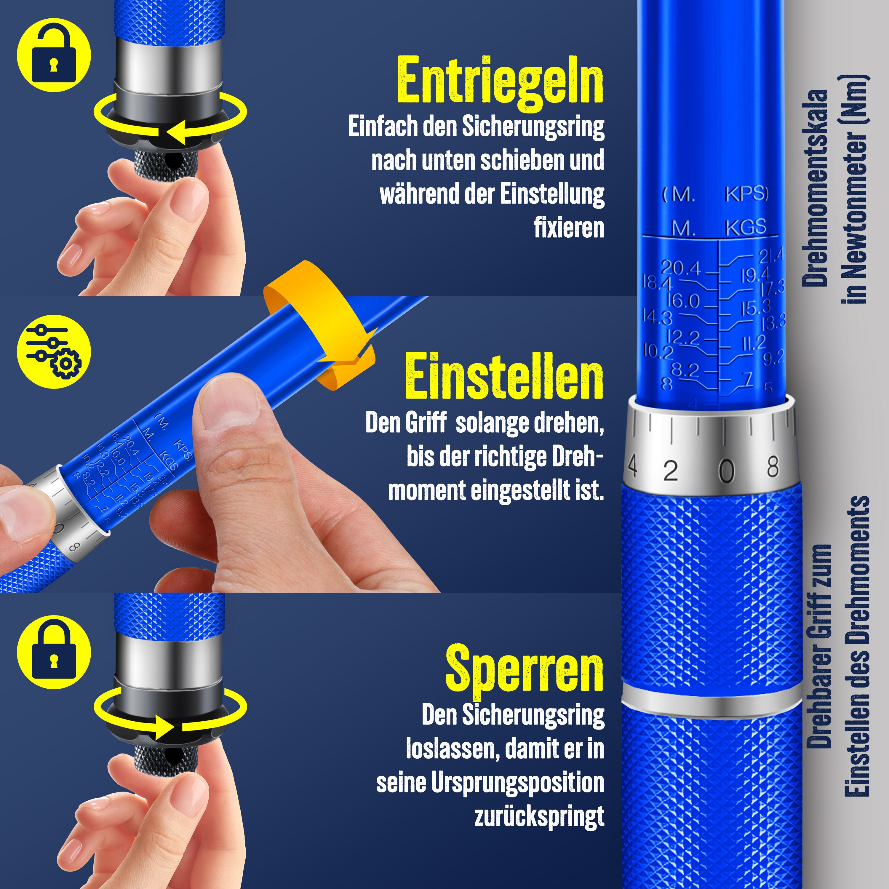 MASKO® Drehmomentschlüssel 6tlg. Set 40-210Nm 1/2 ' CV inkl. 3 Stecknüssen 17mm, 19mm, 21mmund Verlängerung 125mminkl. Koffer +/- 4% ToleranzReifenschlüssel Auto Drehmoment-Schlüssel