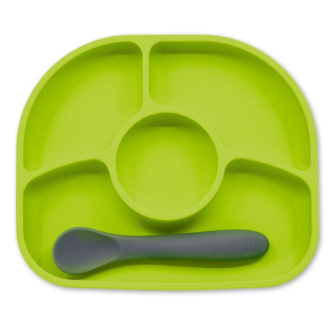 YÜMI ASSIETTE ET CUILLÈRE EN SILICONE LIME - Ecru