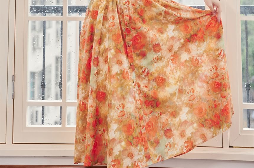 Nebbia - Mouwloze maxi-A-lijnjurk met bloemenprint / licht vest / set