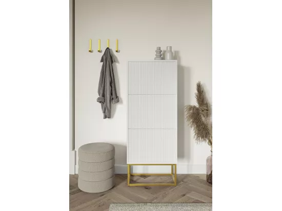 Meuble à chaussures 3 portes - 50x30x125 cm - blanc avec pieds dorés - VELDIO