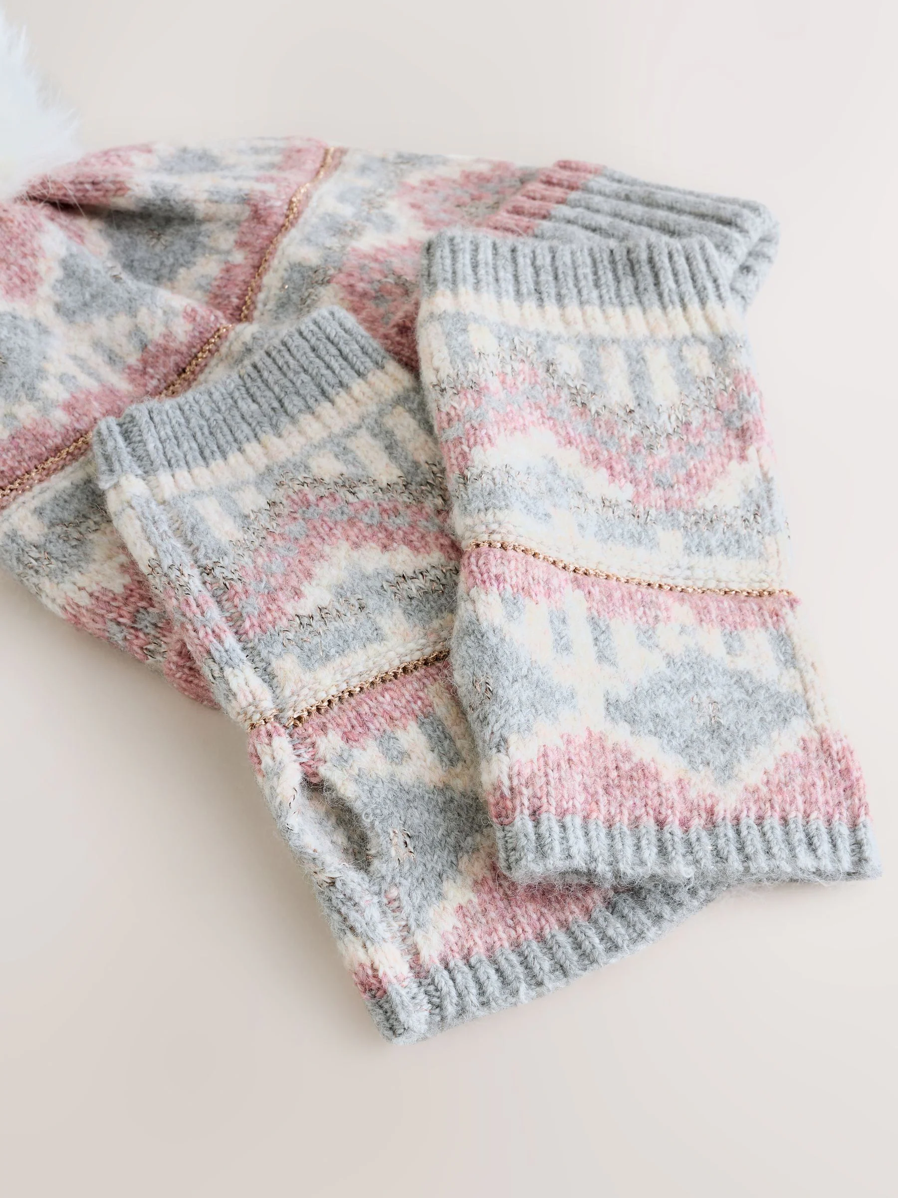 Pretty Fairisle - Pattern Knitted Pom Hat & Handwarmer Set