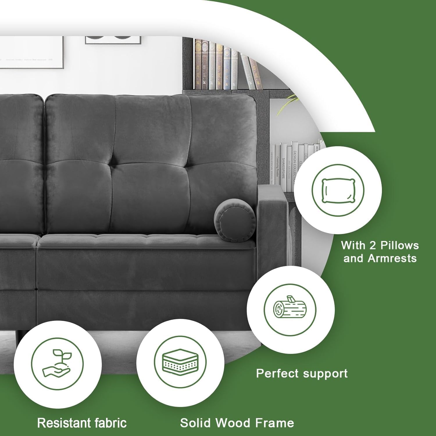 2-Sitzer-Sofa, Samt Couch mit 2 Kissen, Sitzkissen, Modernes Sofa in der Mitte des Jahrhunderts, kleine Sofas für Wohnzimmer/Wohnung/Schlafzimmer, Metallic-Grau