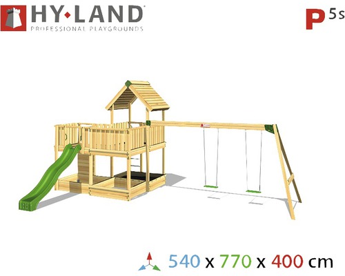 Hyland Project 5S houten speeltoren met zandbak, dubbele schommel, glijbaan, groen
