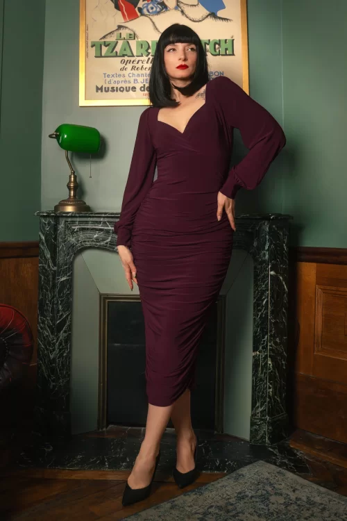 Vintage Diva  Abigail pencil jurk in bordeauxpaars