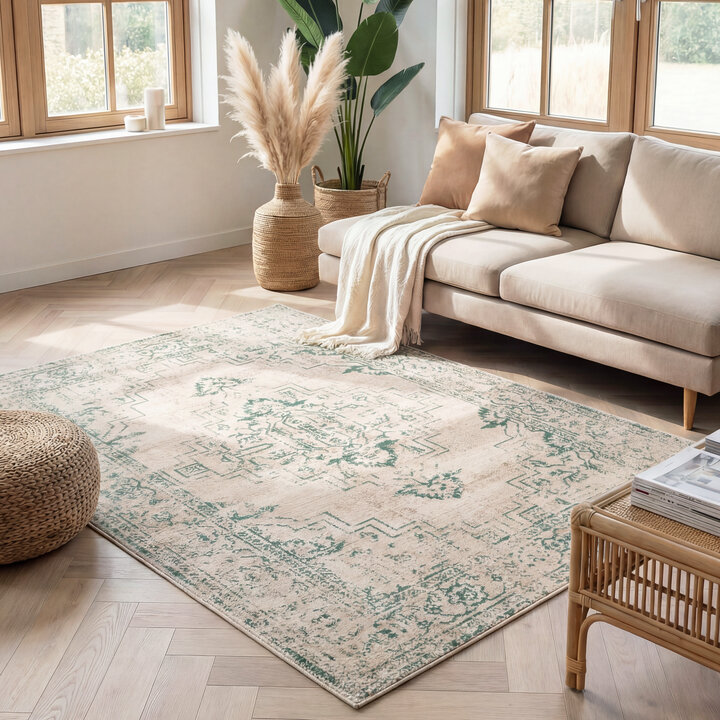 Vintage vloerkleed - Spring Ethnic Creme/Groen | Bohemian