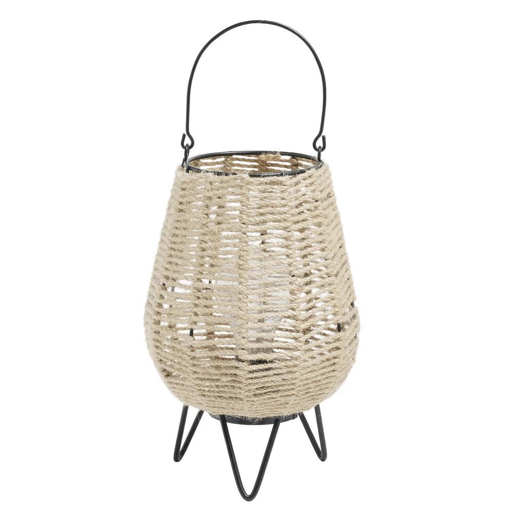 Lampe à poser corde naturelle avec anse et pieds métal noir Ø15xH23cm