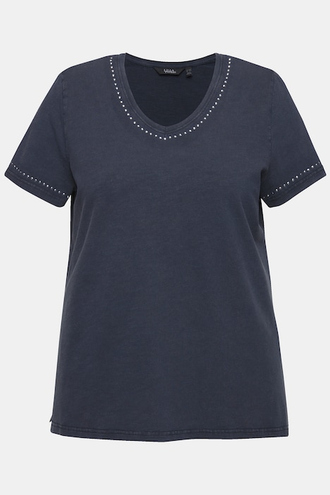 T-Shirt, cold dyed, Ziernieten, V-Ausschnitt, Halbarm