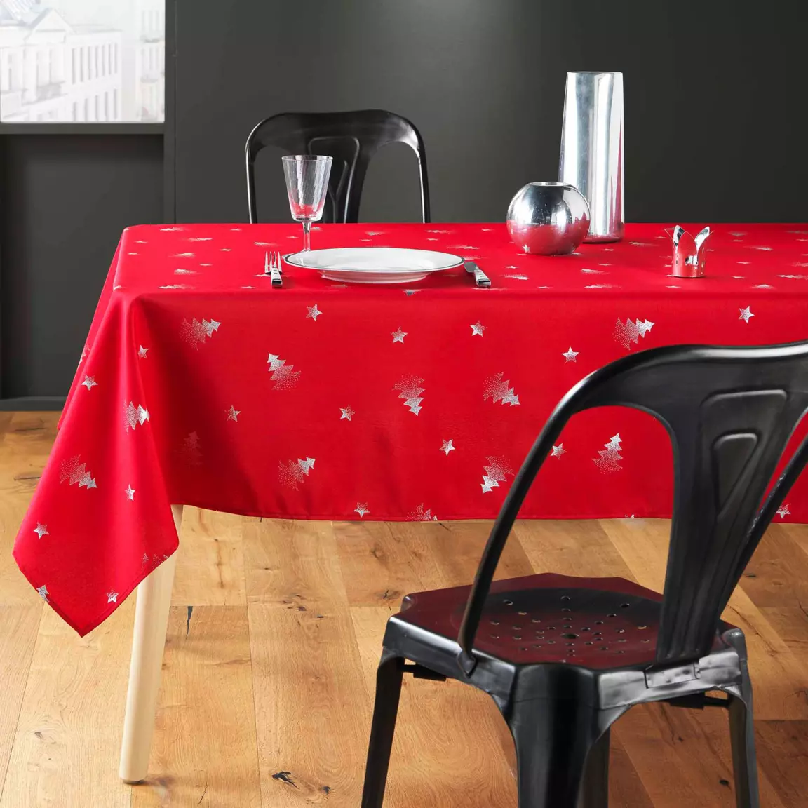 Nappe de Noël rectangulaire (150 x 240 cm) Sapin métallisé Rouge