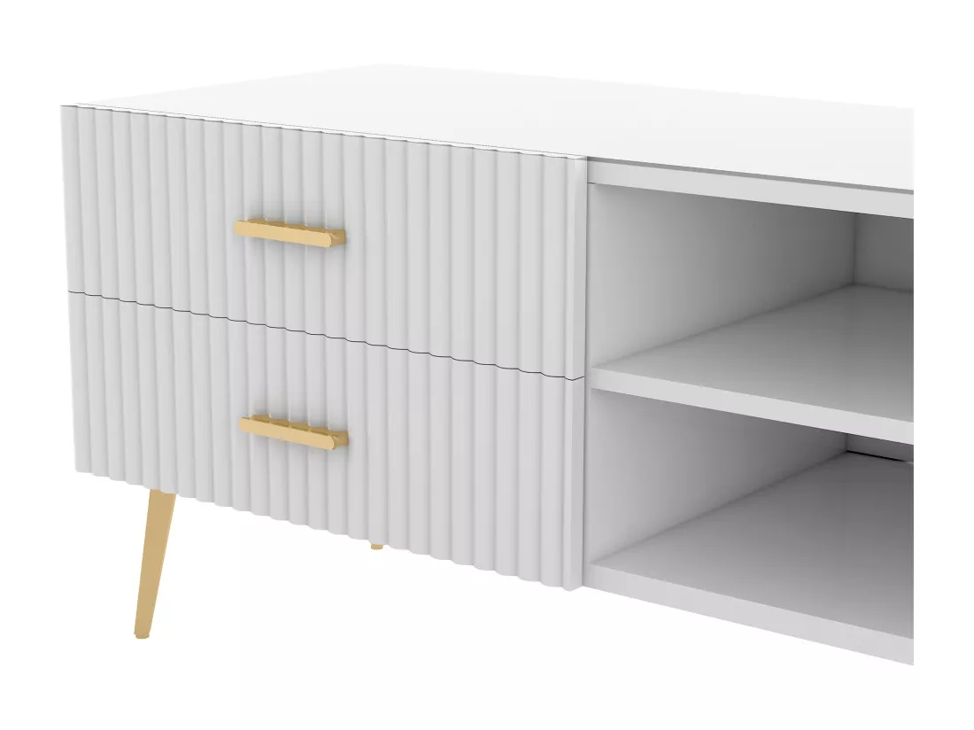 Meuble TV avec 2 portes, 2 tiroirs et 2 niches - MDF - pièds métallique - blanc
