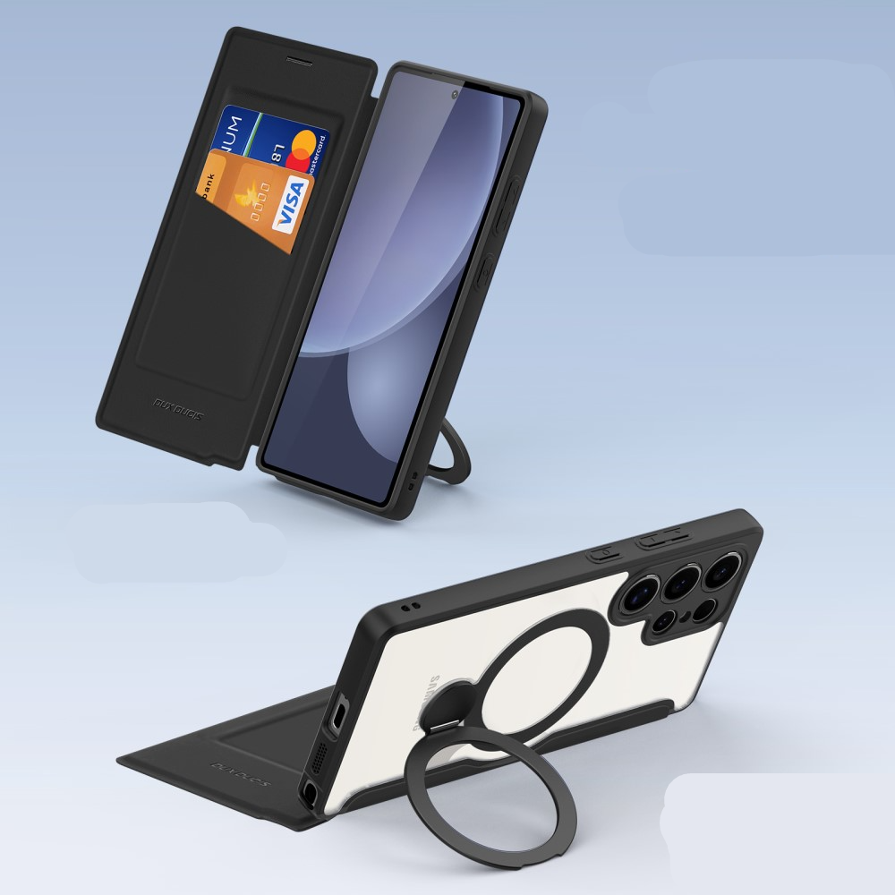 Samsung Galaxy S25 Ultra Hybrid Leder Tasche Kickstand Aufsteller   Kunststoff Rückseite MagSafe-Modul - Schwarz / Transparent
