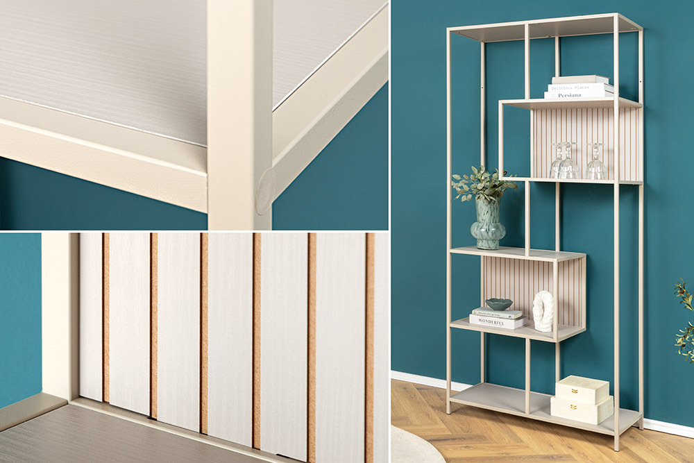 Modernes Bücherregal SLIM LINE 185cm champagner beige Metallgestell sechs Regalböden