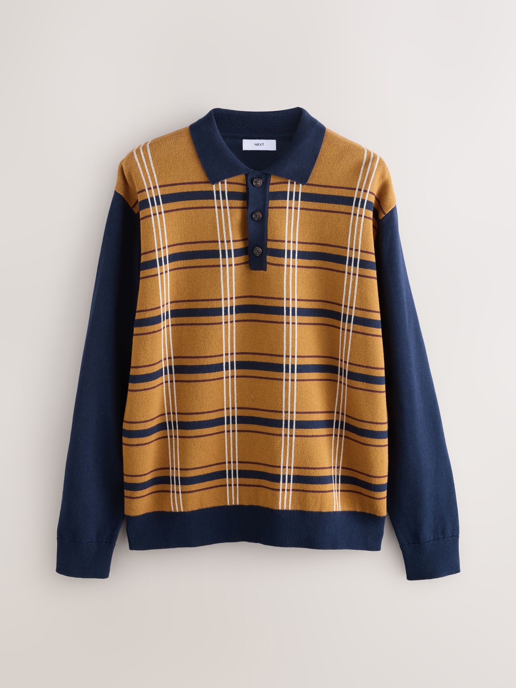 Marineblauw/mosterdgeel - Regular Fit Long Sleeve Knitted Check Polo Shirt