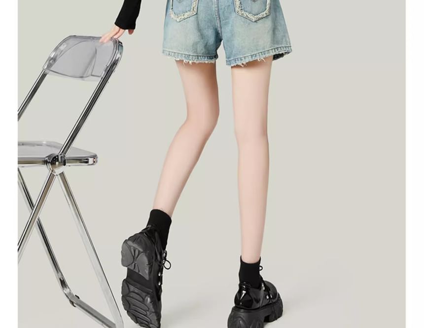 Girliepairs - Hoge taille, gewassen, gerafelde, wijde denim shorts