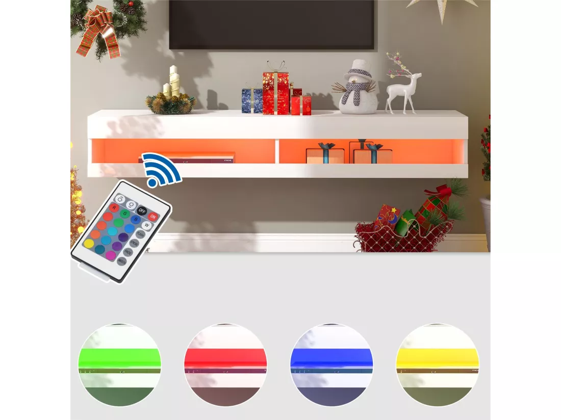 Banc TV suspendu 140 cm avec LED - Blanc