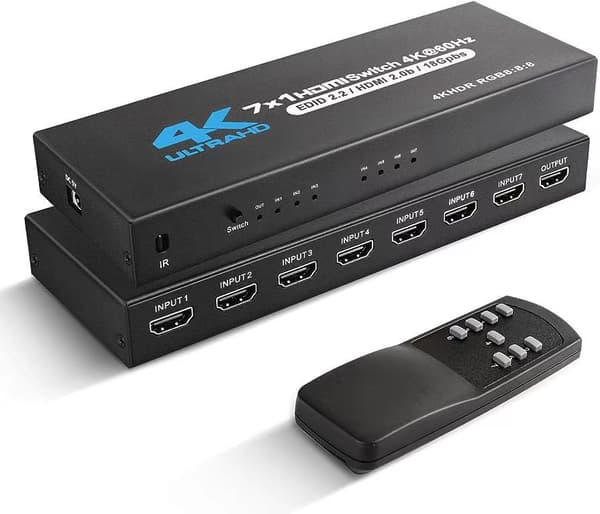 INF HDMI-bryter, 7x1 med 4K@60Hz og IR-fjernkontroll