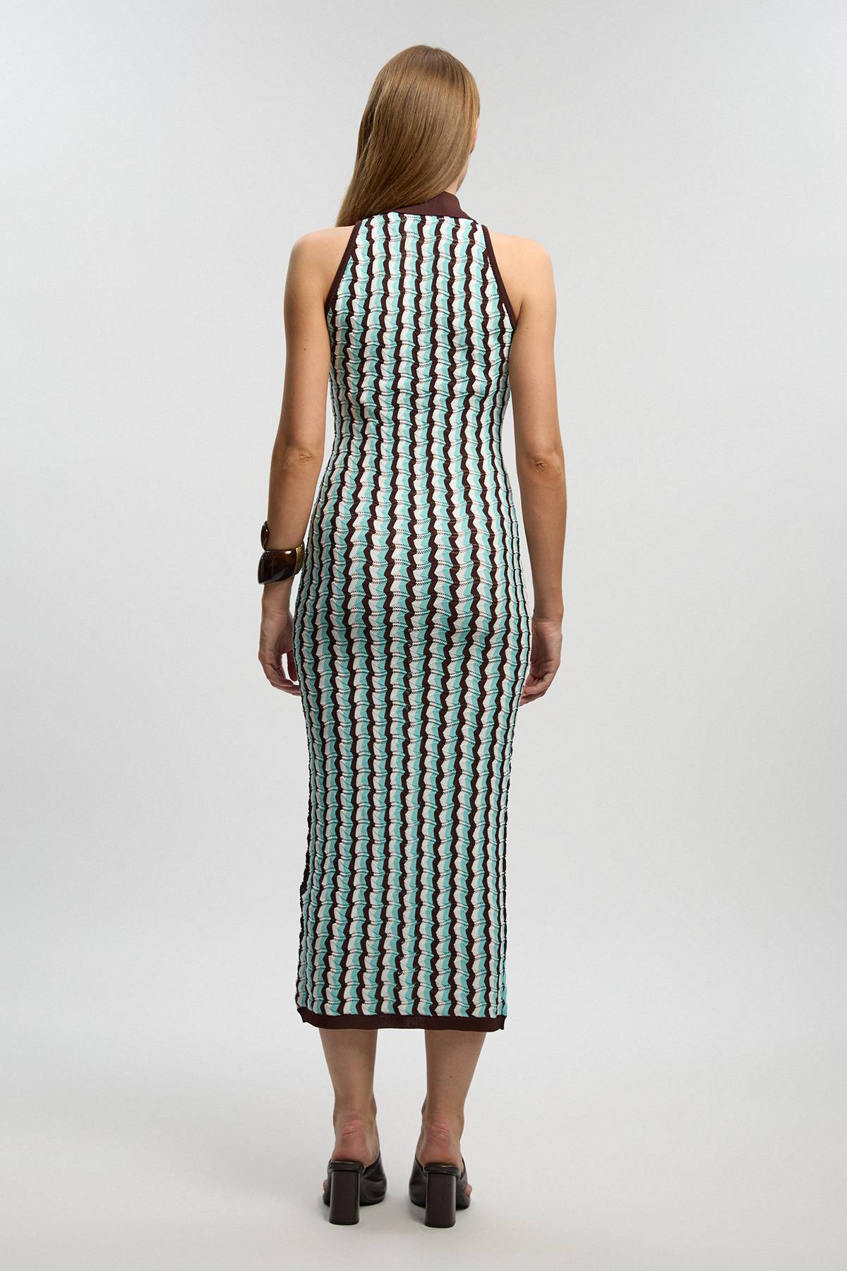 KarenMillen Robe Midi Sans Manches En Maille Pointelle À Col Contrastant