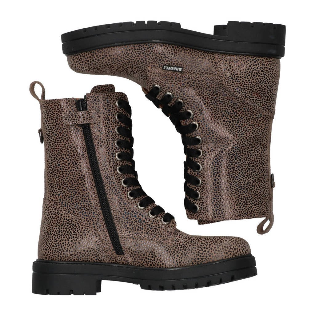 Braqeez leren veterboots taupe