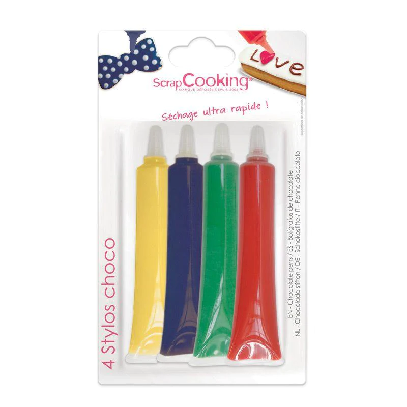 4 stylos chocolat - Rouge, bleu, vert, et jaune - 4 x 25 g Scrapcookin