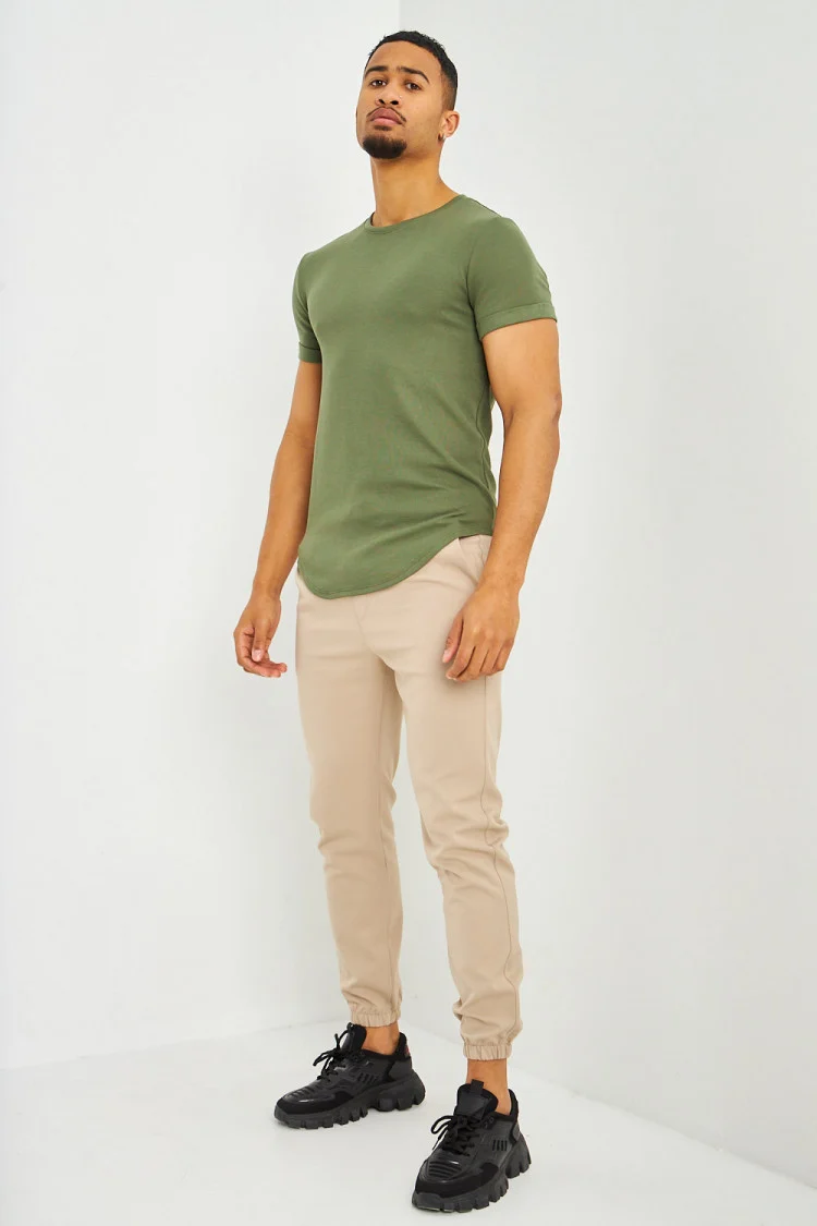 T-shirt côtelé kaki manches courtes à revers