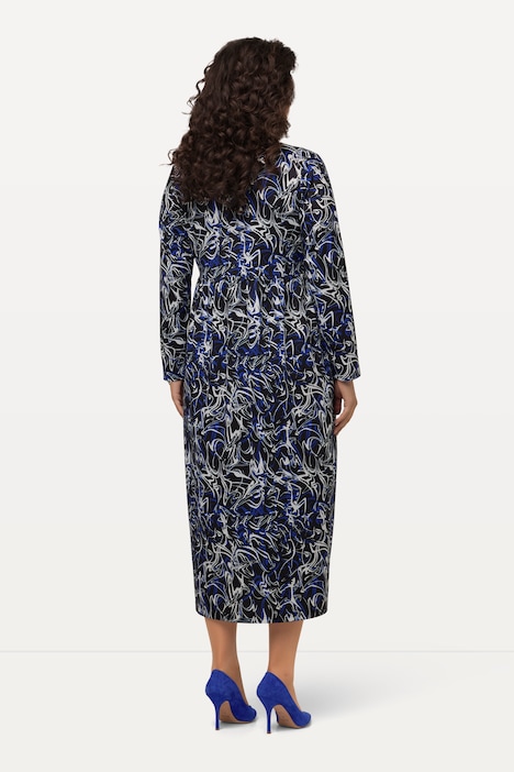 Kleid, A-Linie, Jersey mit LinienmusterEmpirenaht, V-Ausschnitt, Piping, Langarm