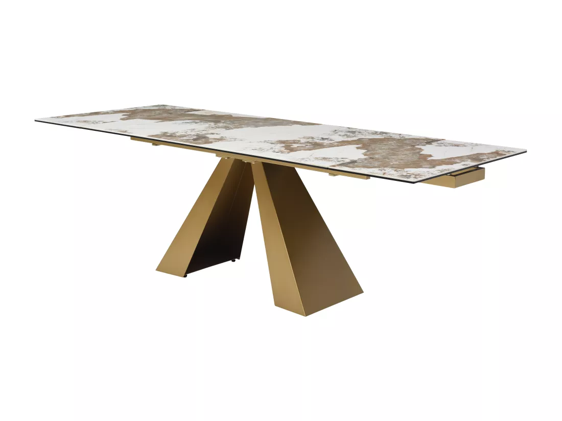 Table à manger extensible 6 à 10 personnes en verre trempé, céramique et métal doré - Effet marbre blanc et taupe - LOZIPA de Maison Céphy