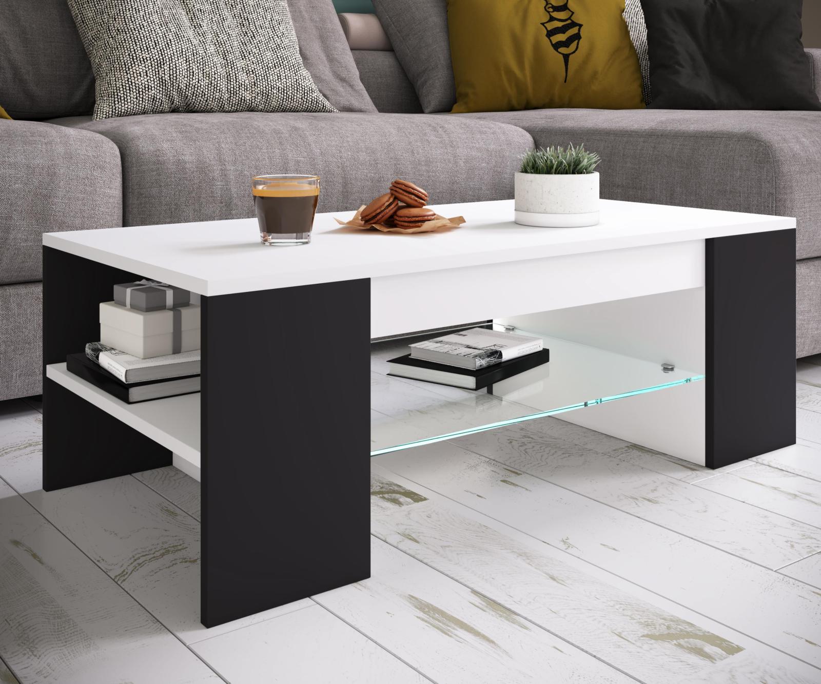 Couchtisch TUNAS - weiß-schwarz - Glasablage - 100 cm