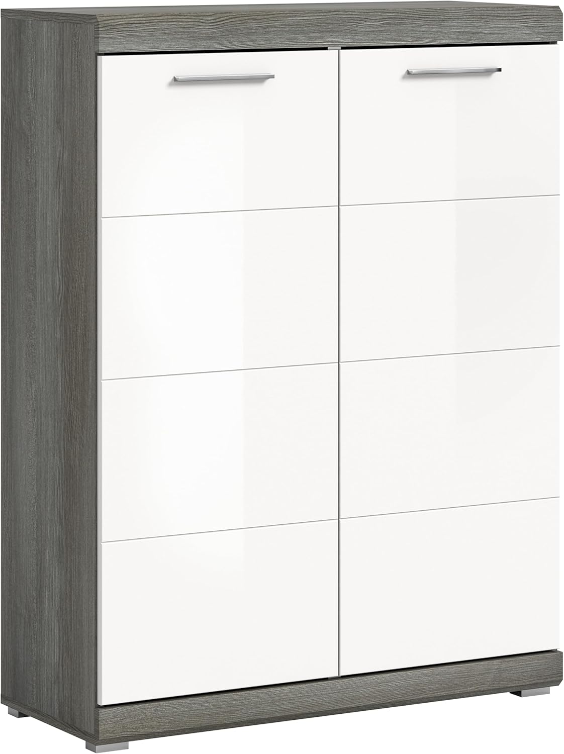 xonox.home Garderobe Scout Schuhkommode Schuhschrank Kommode Highboard Stauraumschrank in Front weiß Hochglanz Korpus rauchsilber Nb., .ca.90x120x37 cm