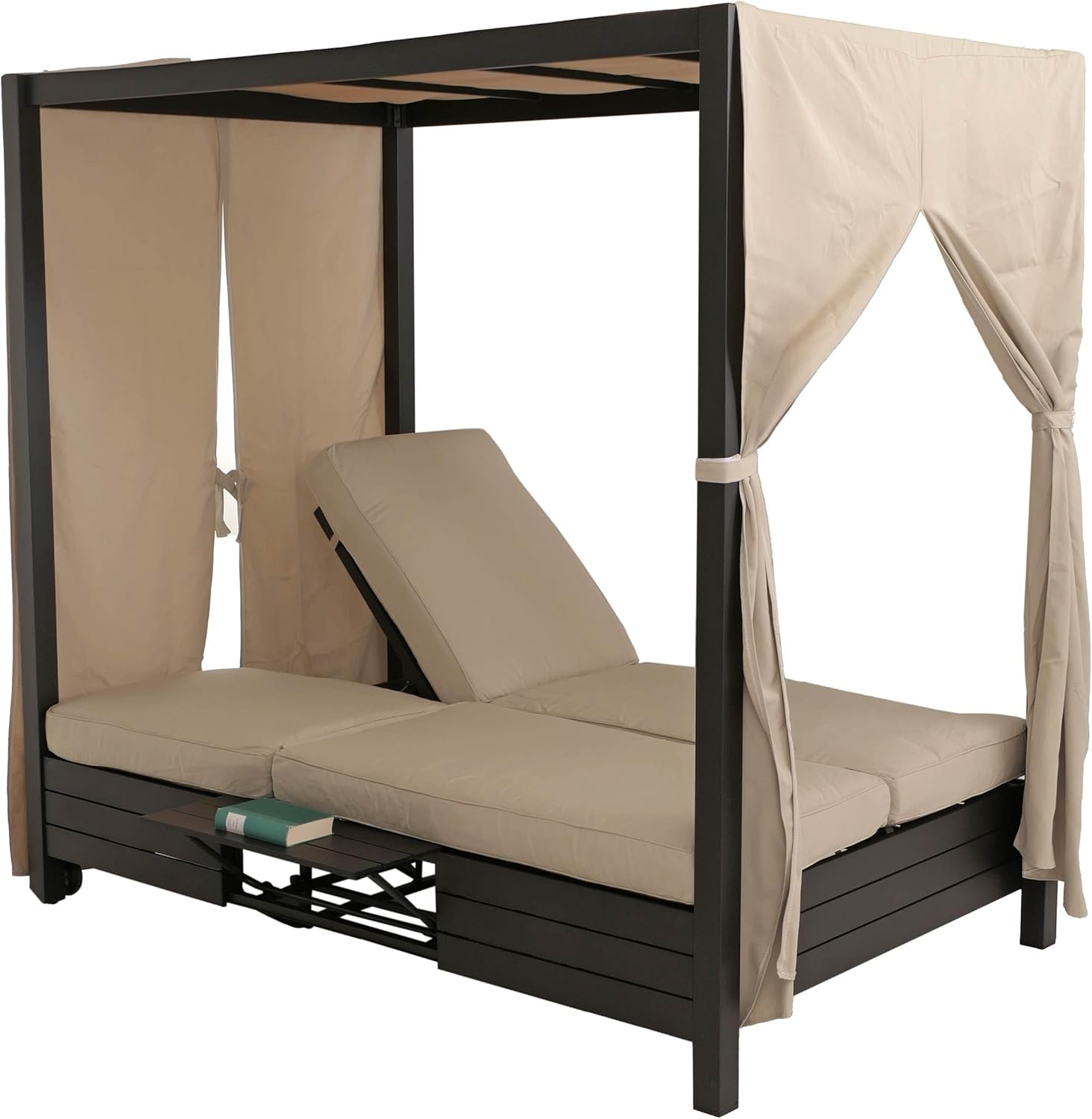 Mendler Aluminium Lounge-Gartenliege HWC-O18, XL Sonnenliege Bali-Liege Daybed, 10cm-Polster 193x126x204cm schwarz Kissen Creme