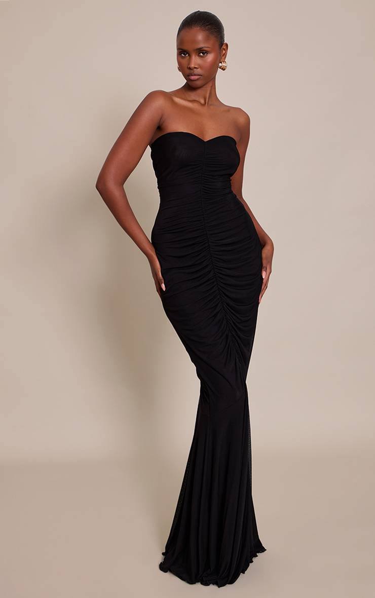 Noir Robe Longue Bandeau En Mesh Avec Détails Froncés