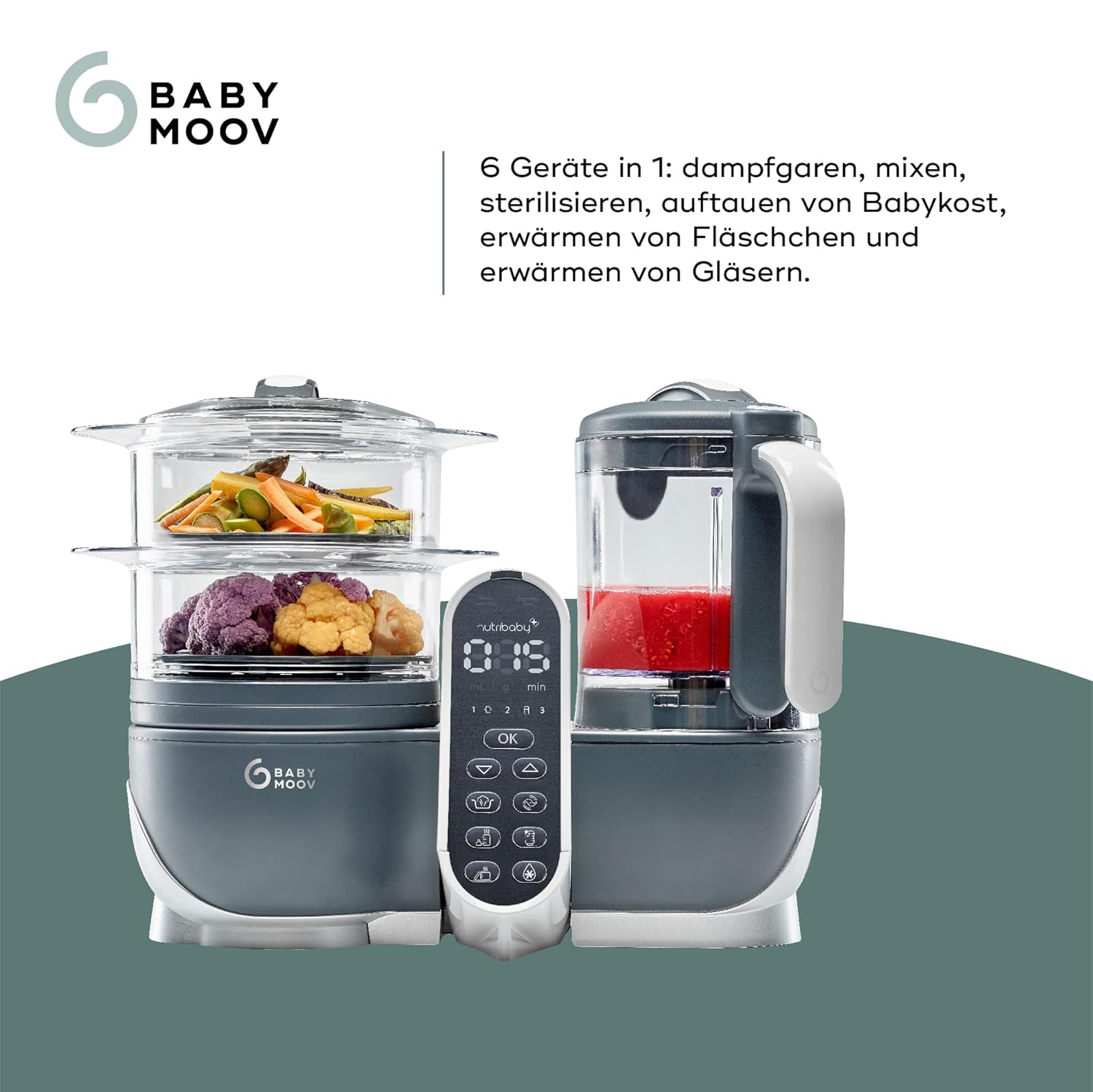 Babymoov Nutribaby Plus industrial grey - Babynahrungszubereiter, 2200ml Fassungsvermögen, schonendes Dampfgaren, Mixen, Sterilisieren, Aufwärmen