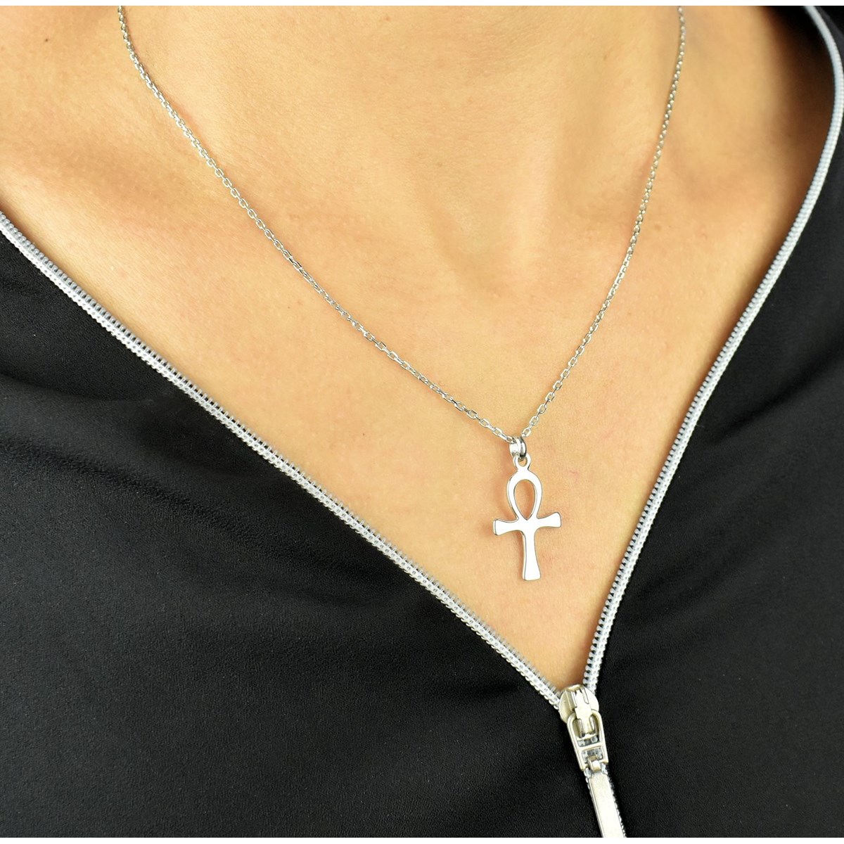 Collier croix Ankh croix de vie égyptienne Argent 925 Rhodié