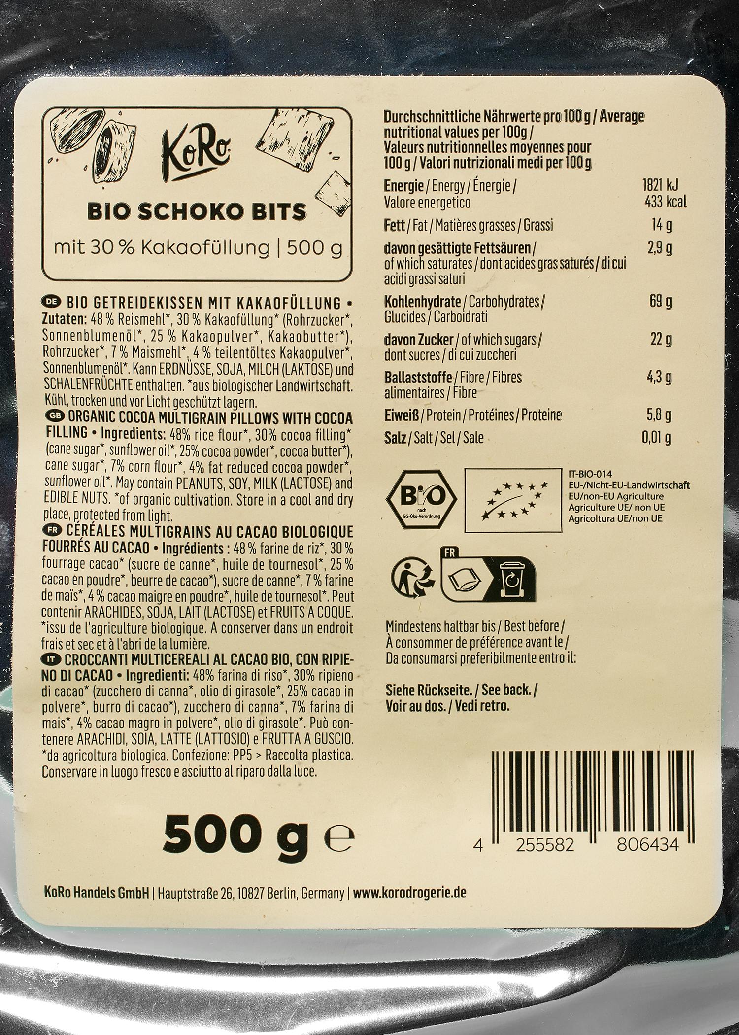 Bio Schoko Bits mit 30 % Kakaofüllung 8 x 500 g