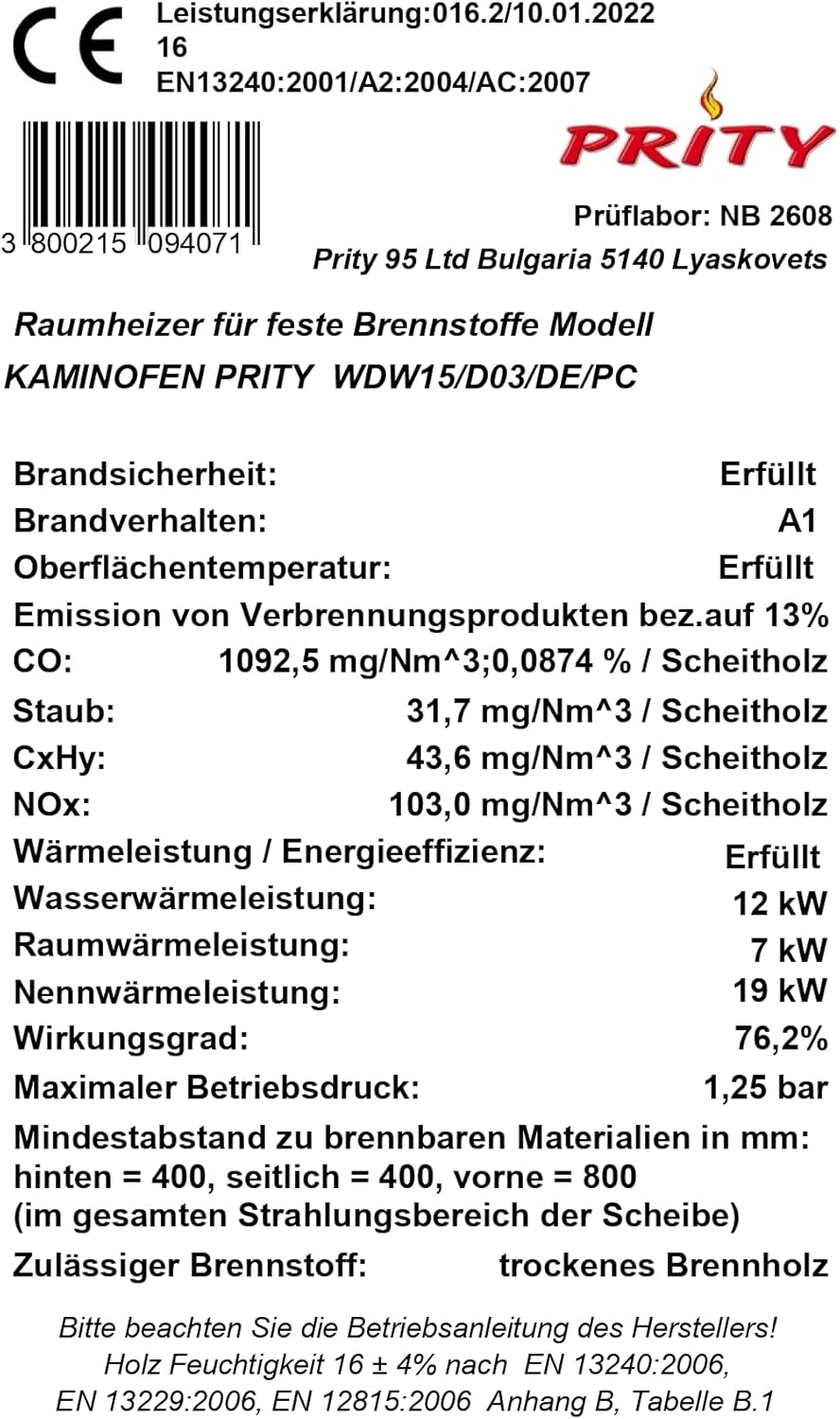 Kaminofen Prity W15 mit Multi Brennstoffkessel 15+5kW