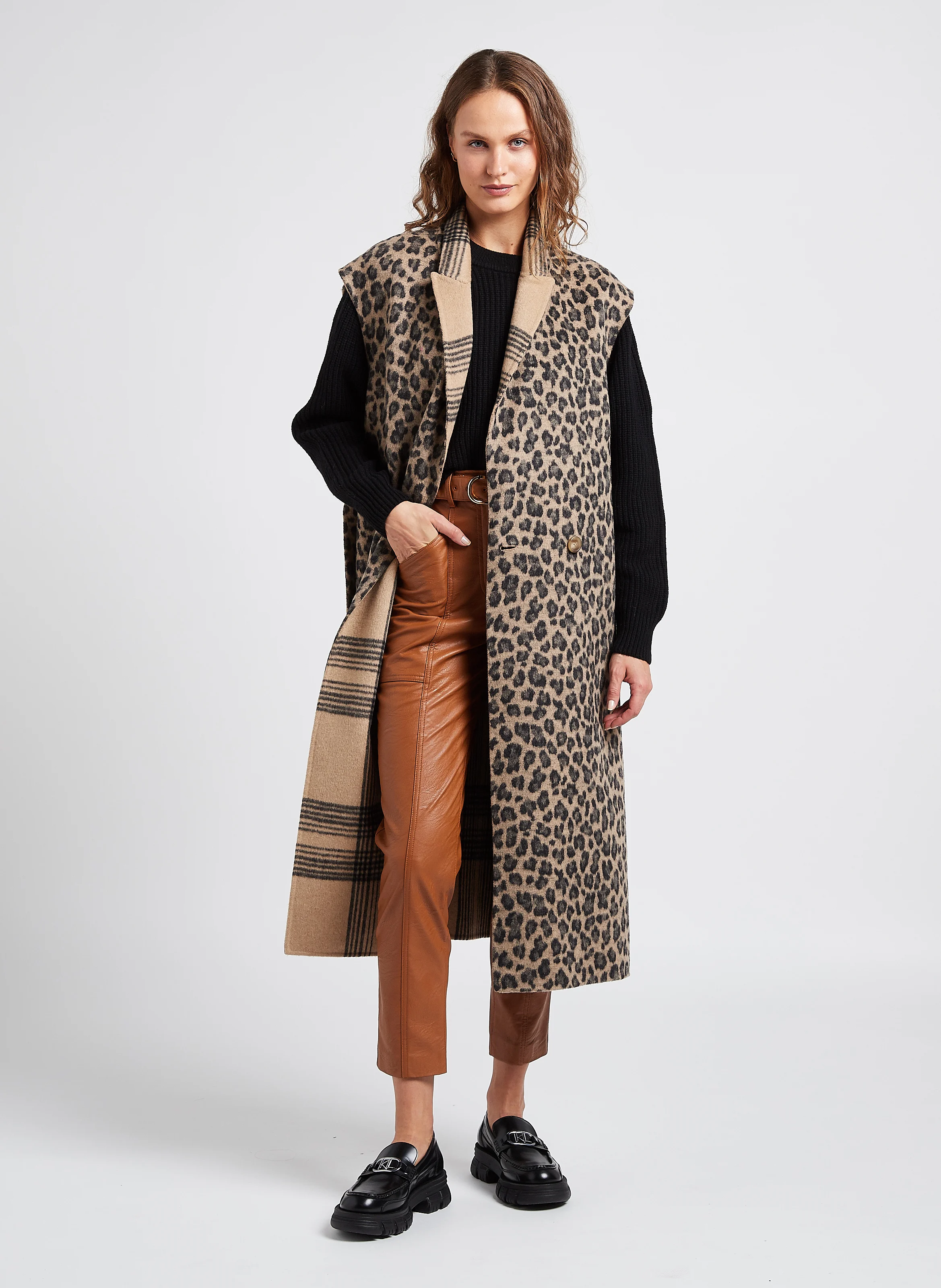 Gilet col tailleur réversible ample | Marron