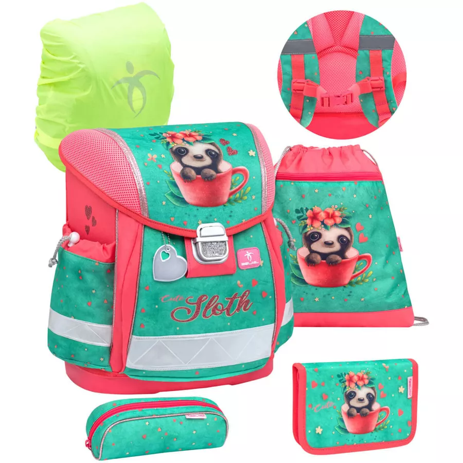 Belmil Schulranzen Classy Schulranzen Set 5-teilig mit Brustgurt Cute Sloth