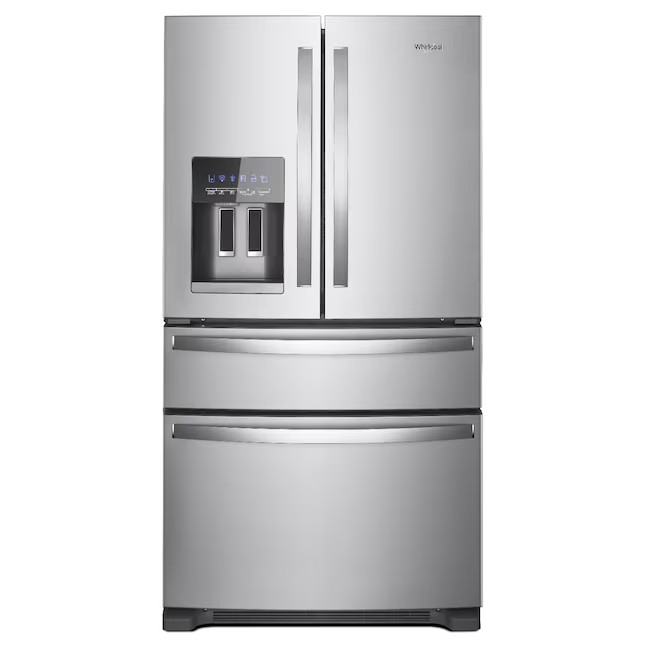 Refrigerador Whirlpool de 24,5 pés cúbicos com 4 portas e sistema French Door, com máquina de gelo (aço inoxidável resistente a impressões digitais) e certificação ENERGY STAR.