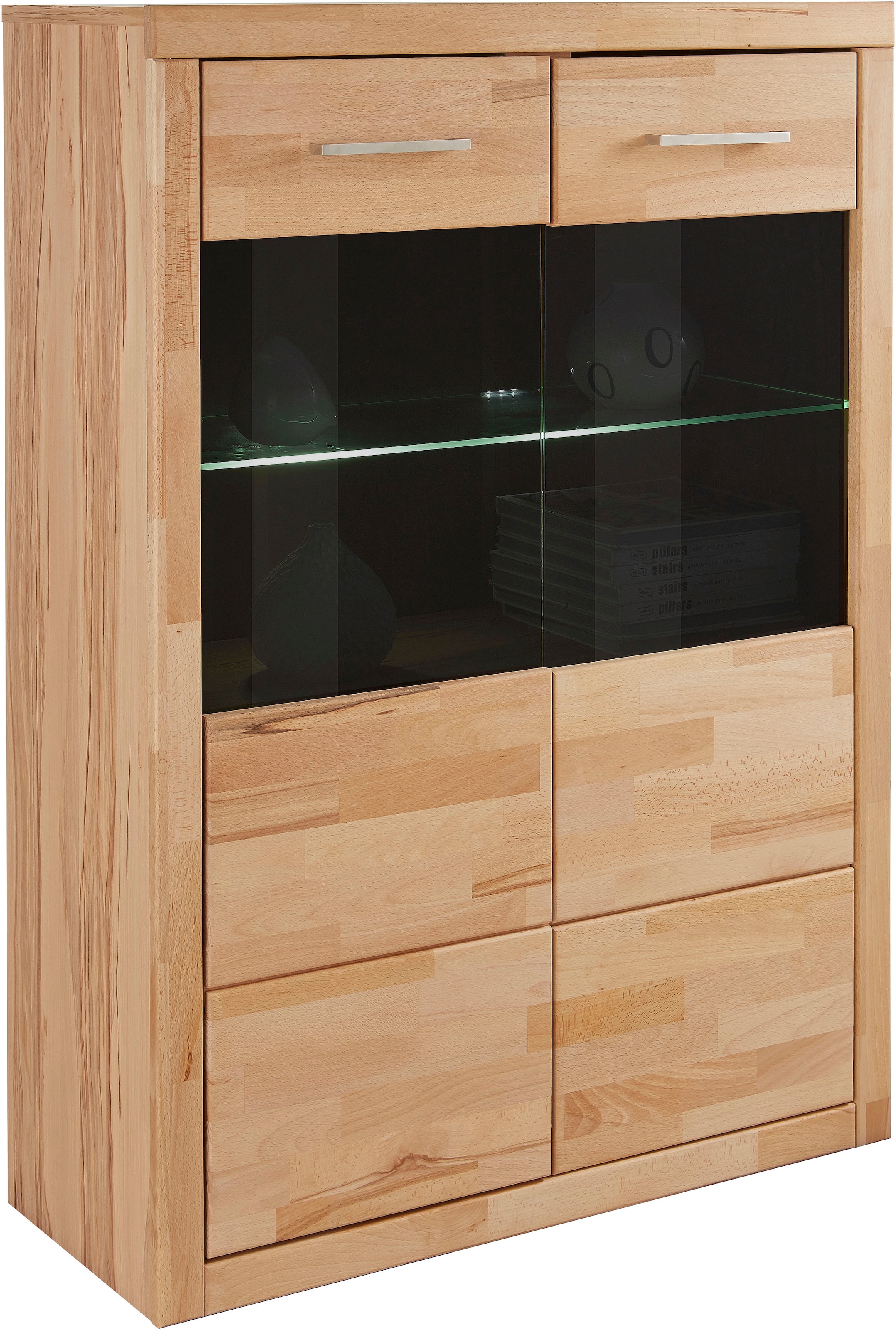 Home affaire Vitrine »Ribe, 125 cm hoch, Fronten Massivholz, 4 breite Fächer« Korpus Holzwerkstoff, 2Türen mit Glaseinsatz, einlegeboden verstellbar