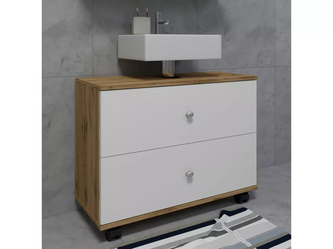 Armoire basse de salle de bains Roulettes Tiroir Nilosi L