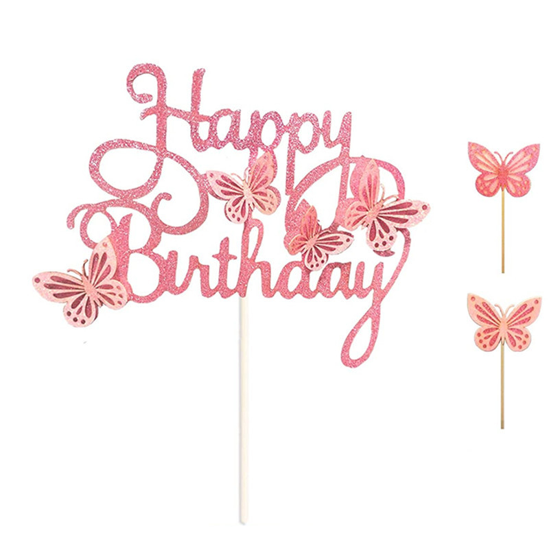 (13-tlg. Set) Kuchenstecker Happy Birthday / Schmetterling Tortenstecker Topper Dekoration für Torten / Kuchen - Roségold