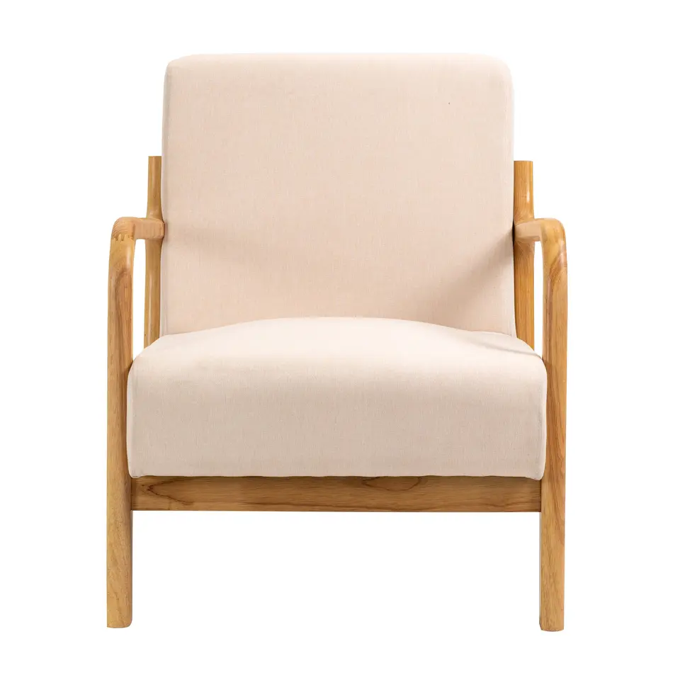Fauteuil van massief hout en beige stof