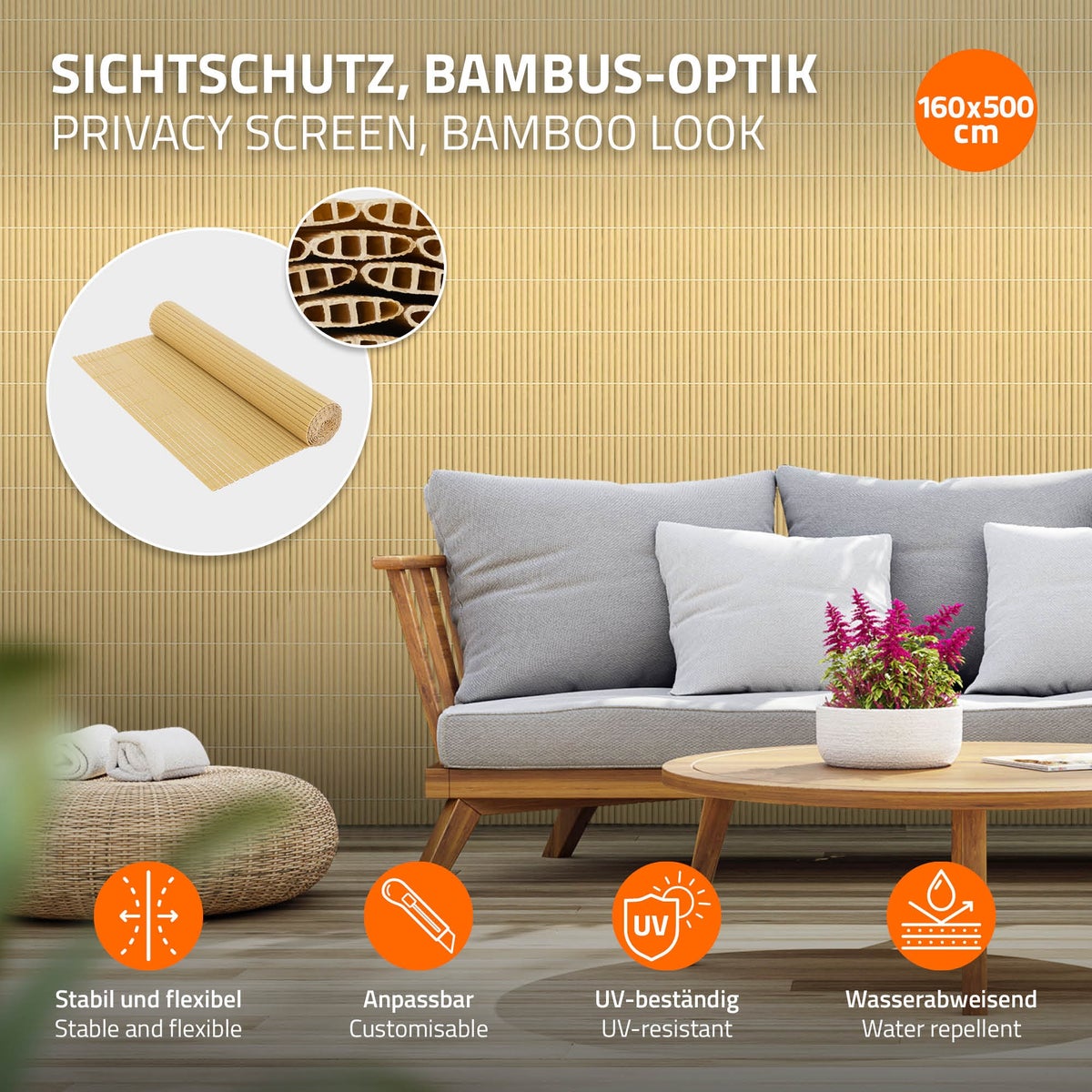 ECD Germany PVC-inkijkschermmat 160x500 cm, bamboe, inkijkscherm met 3-voudige wapening, UV-bestendig, waterdicht, windwerend, balkonbekleding, schuttingscherm, inkijkscherm voor tuin, balkon, terras