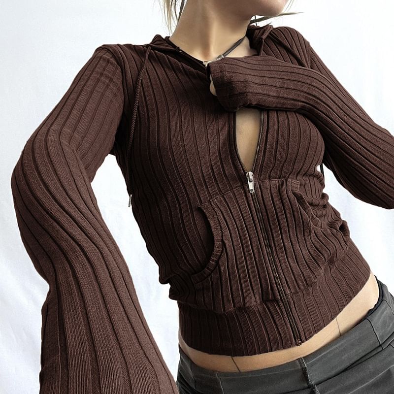 BrickBlack - Effen geribbeld vest met capuchon en rits