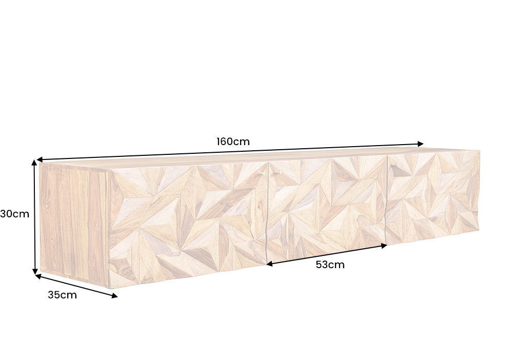 Hängendes TV-Lowboard ALPINE 160cm braun Sheesham Massivholz stone finish Metall gold