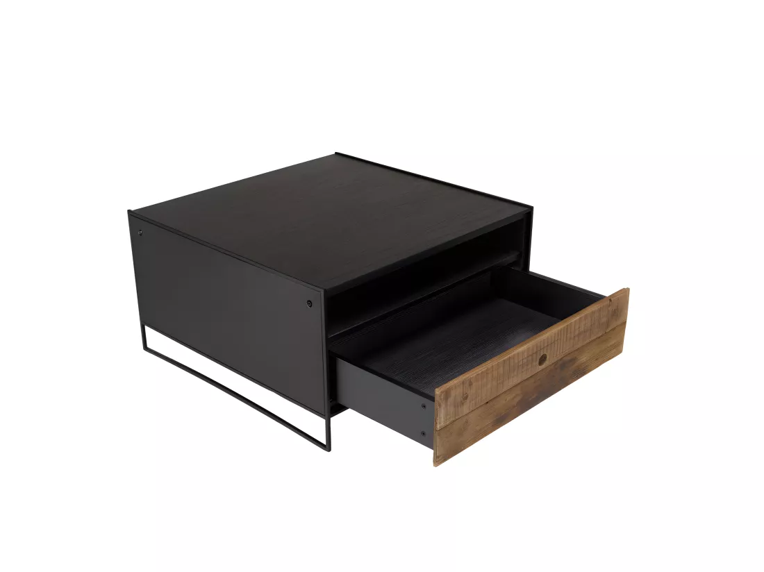 ANDREA - Table basse noire 80x80cm 1 tiroir bois Pin recyclé et métal