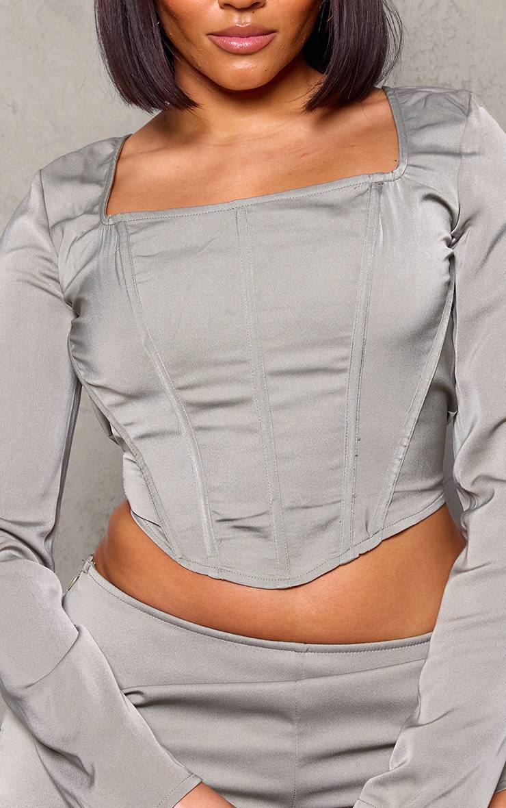 Gris Corset À Manches Longues En Tissu Tissé Avec Détails De Baleines Sculptants