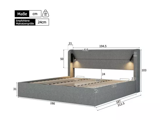 Lit coffre capitonné 180x200 cm - lit double - avec éclairage - sommier à lattes - gris (matelas non inclus)
