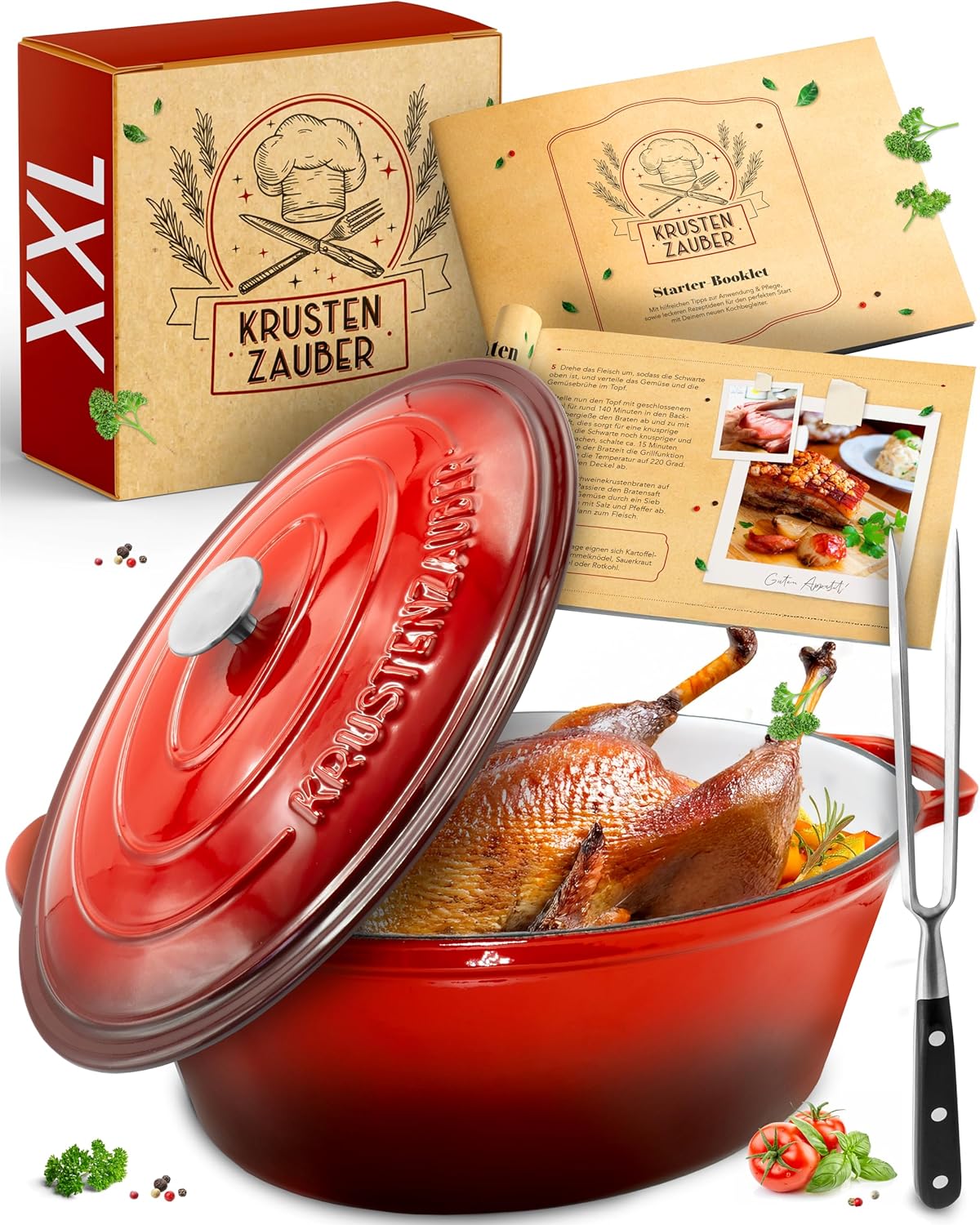 KRUSTENZAUBER 37,5cm Gusseisen Bräter mit Deckel backofengeeignet inkl. Fleischgabel - Großer ca. 10l Gänsebräter - Idealer Topf XXL, Schmortopf Kazan Gusseisen Bräter Induktion Oval